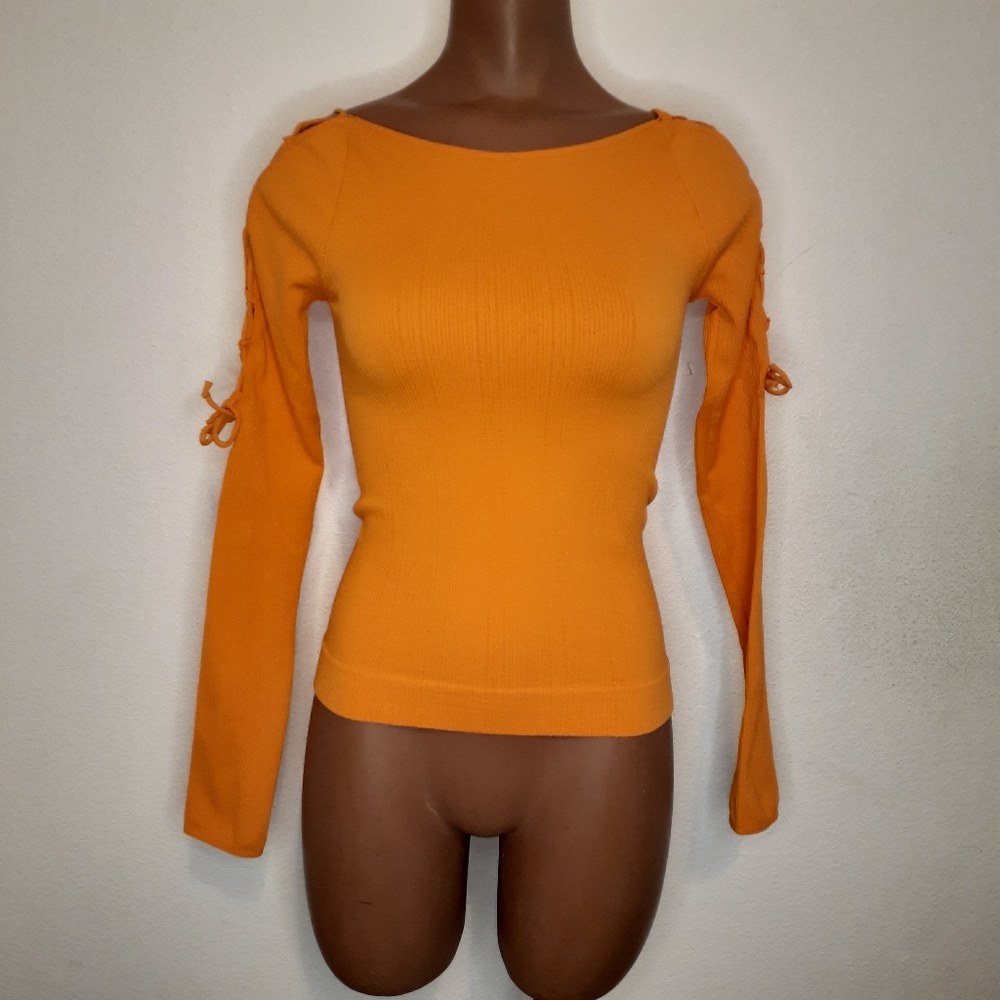 Free People Movement Lyla Neon Orange Long Sleeve Cutout Workout Top Sz XS - Picture 2 of 7